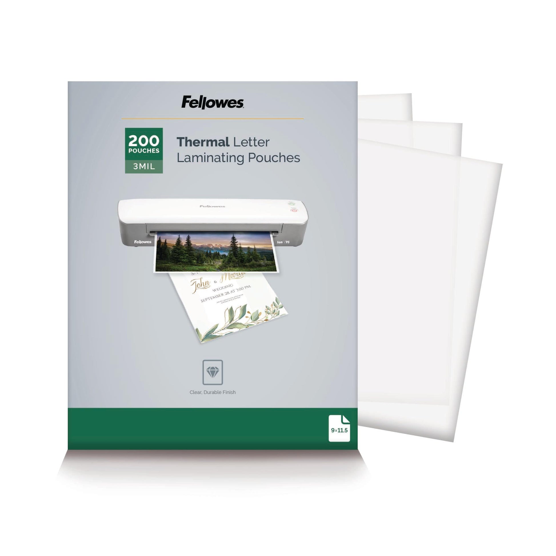 Fellowes Thermal Laminating Pouches, Letter Size Sheets 9 x 11.5-Inches, 3 mil, 200 Pack (5743401), Clear Fellowes