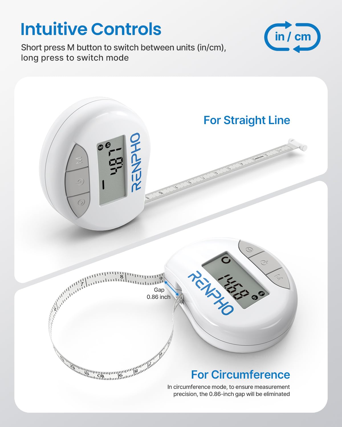 Smart Tape Measure RENPHO Bluetooth Measuring Tapes for Body Measurement Muscle Gain Fitness Bodybuilding Retractable Circumferences Inches & cm - Available at All In One Marketplace Canada
