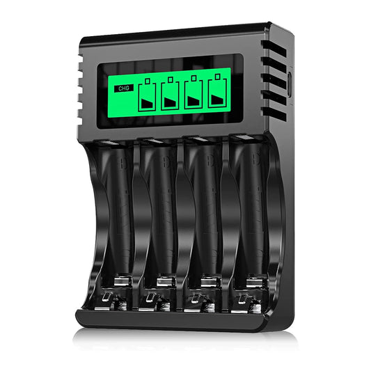 POWEROWL AA AAA Rechargeable Battery Charger, 4 Bay LCD Smart Battery Charger for Ni-MH AA AAA Rechargeable Batteries, Independent Slot & USB Fast Charging