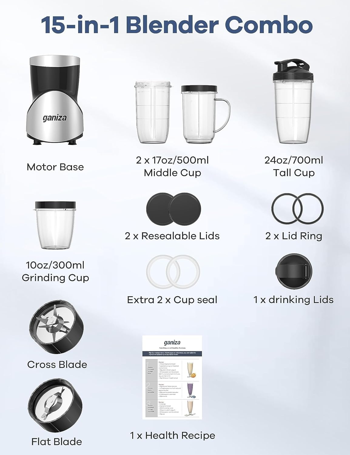 Smoothie Blender, Ganiza Blenders for Smoothies with 15-Piece Blender and Grinder Combo, 4 BPA-Free Personal Blender Cup, for Shakes, Protein Drinks, Fruit Vegetable Drink, Nuts, Spices, Coffee Beans - Available at All In One Marketplace Canada