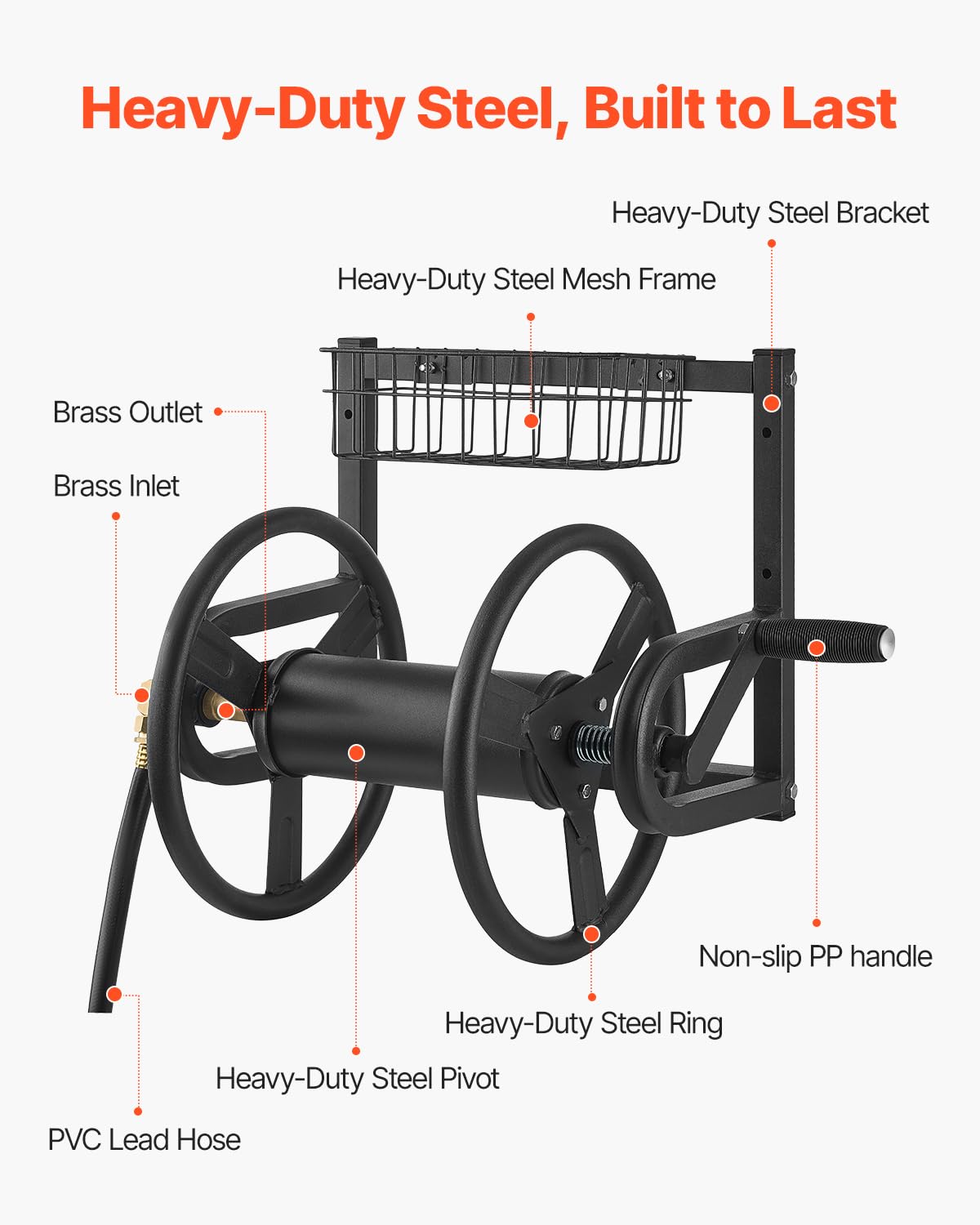 VEVOR Wall Mounted Garden Hose Reel, Holds 125 ft 5/8-inch Hose, Heavy-Duty Water Hose Winder, Space-Saving Design, Outdoor Manual Reel with Brass Fitting and Storage Basket for Yard Lawn VEVOR