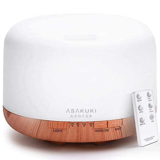 ASAKUKI 500ml Essential Oil Diffuser, 5 in 1 Premium Ultrasonic Aromatherapy Fragrant Oil Vaporizer Humidifier with Remote Control, 3 Timer and Auto-Off Safety Switch, 7 LED Light Colors - Available at All In One Marketplace Canada