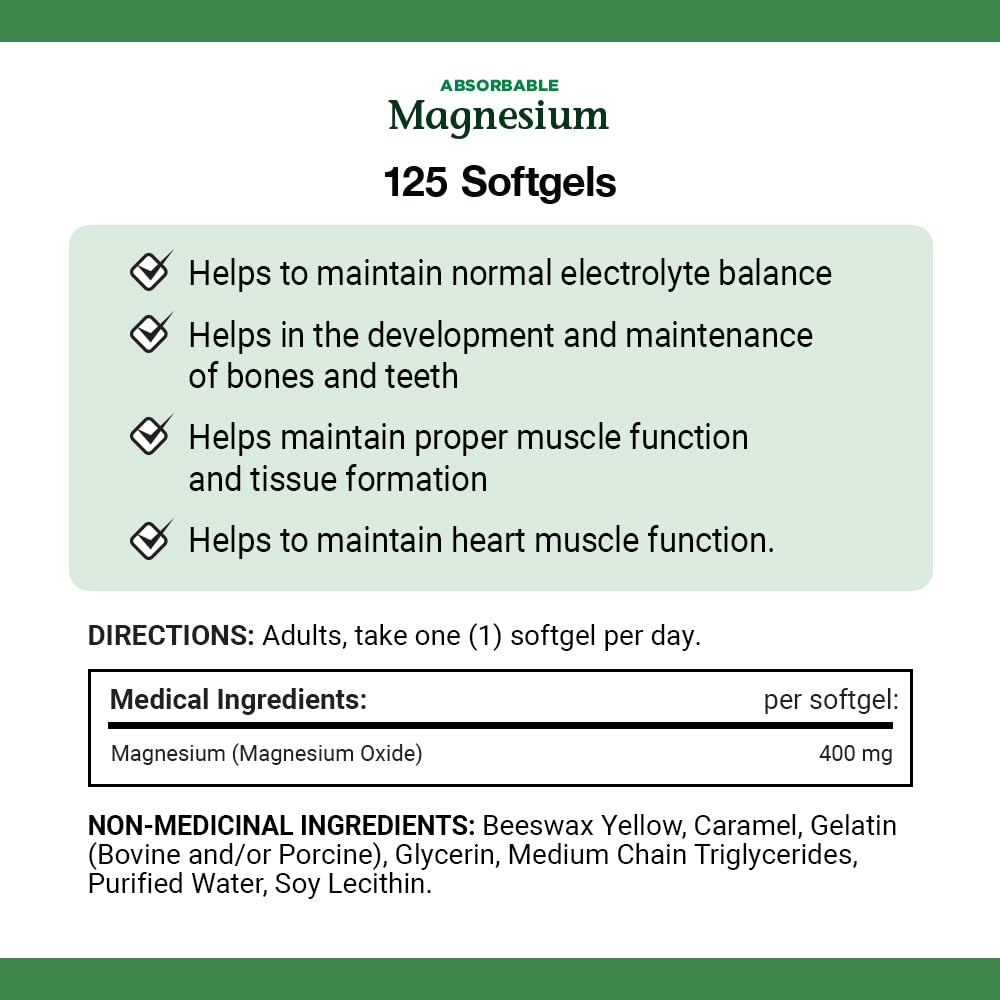 Nature's Bounty Absorbable Magnesium 400mg, Multi-coloured, 125 Softgels - Available at All In One Marketplace Canada