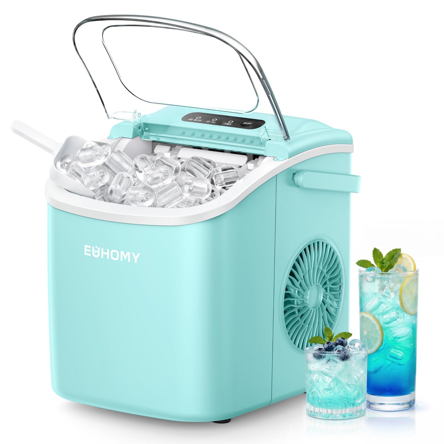 EUHOMY Countertop Ice Maker Machine with Handle, 26lbs Per Day, 9 Ice Cubes Ready in 6 Mins, Auto-Cleaning Portable Ice Maker with Basket and Scoop, for Home/Kitchen/Camping/RV (Green)