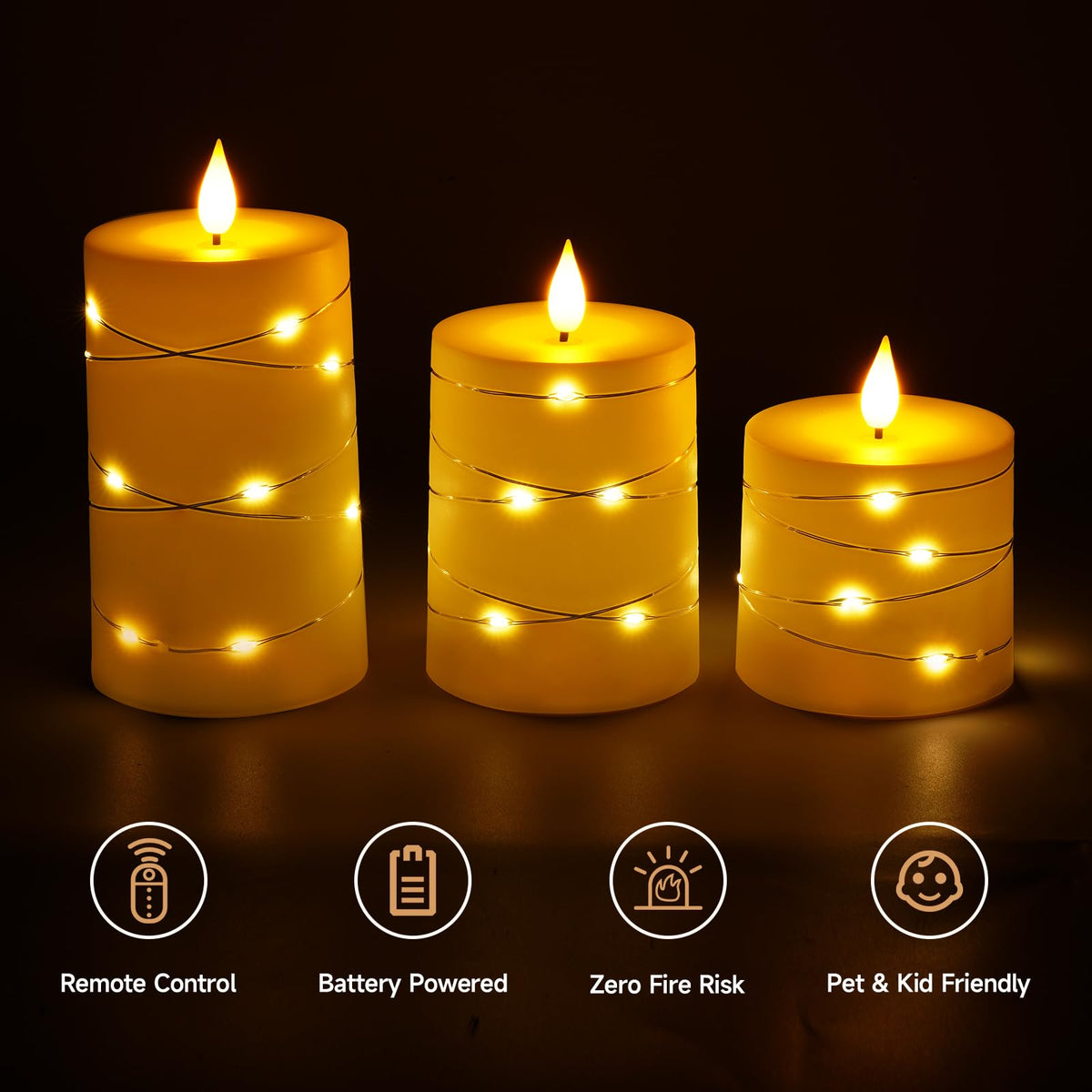 AMAGIC LED Pillar Candles with String Light, Flameless Ivory Candles 3 Pack 🍁 All In One Marketplace Canada
