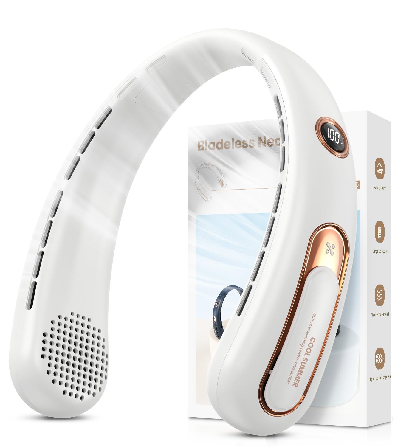 Neck Fan, Hands Free Bladeless Portable Neck Fan, 4000mAh USB Rechargeable Battery Fan, 3 Speed Personal Cooling Fan with 360° Airflow - for Hot Flashes Home Office Travel Outdoor Sports (White) - Available at All In One Marketplace Canada