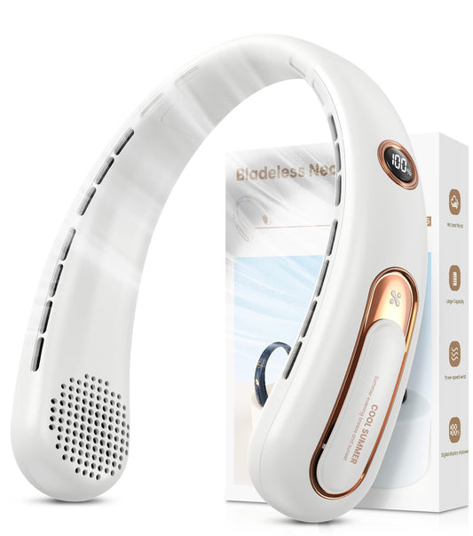 Neck Fan, Hands Free Bladeless Portable Neck Fan, 4000mAh USB Rechargeable Battery Fan, 3 Speed Personal Cooling Fan with 360° Airflow - for Hot Flashes Home Office Travel Outdoor Sports (White) - Available at All In One Marketplace Canada