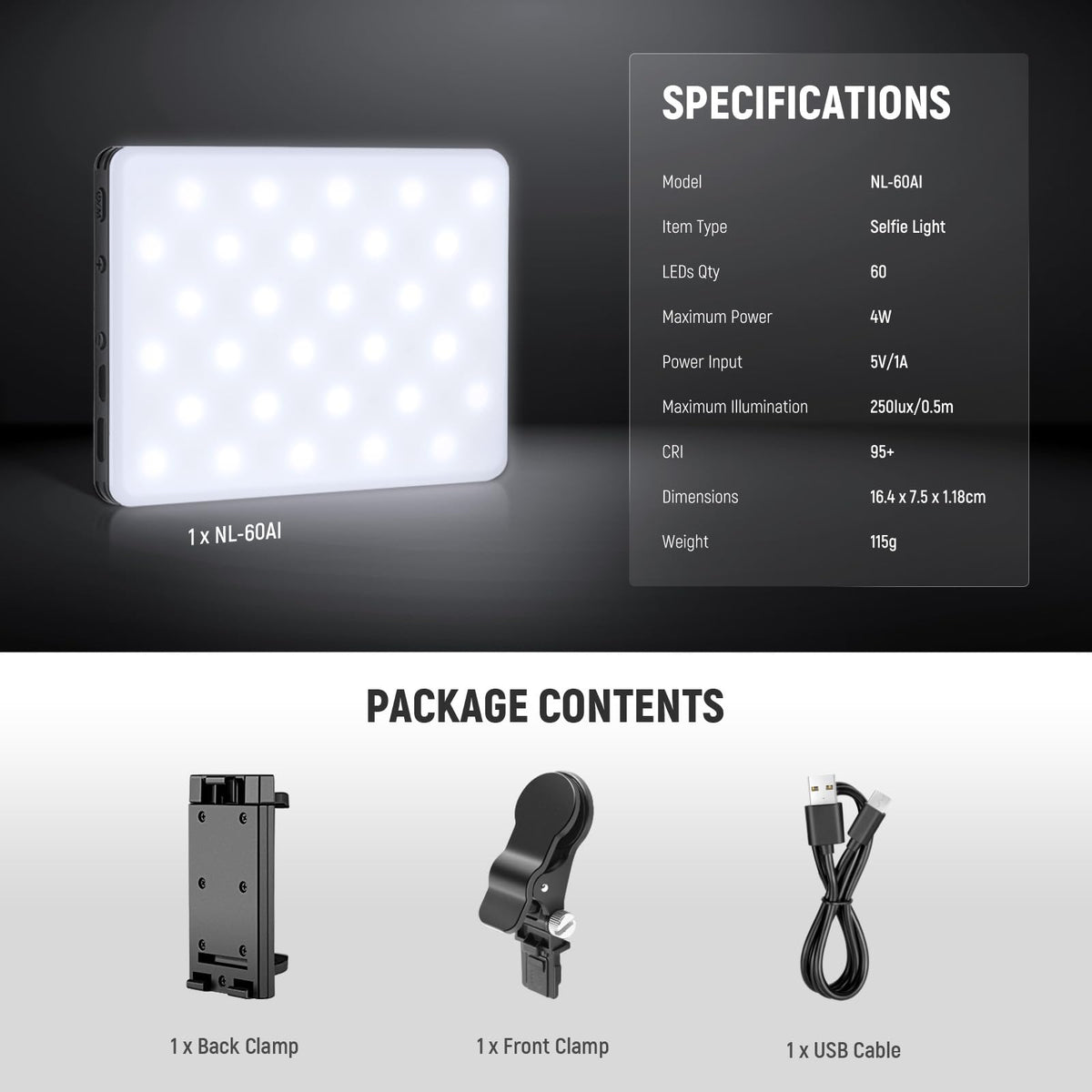 NEEWER Basics NL-60AI Selfie Light for Phone with Front & Back Clip