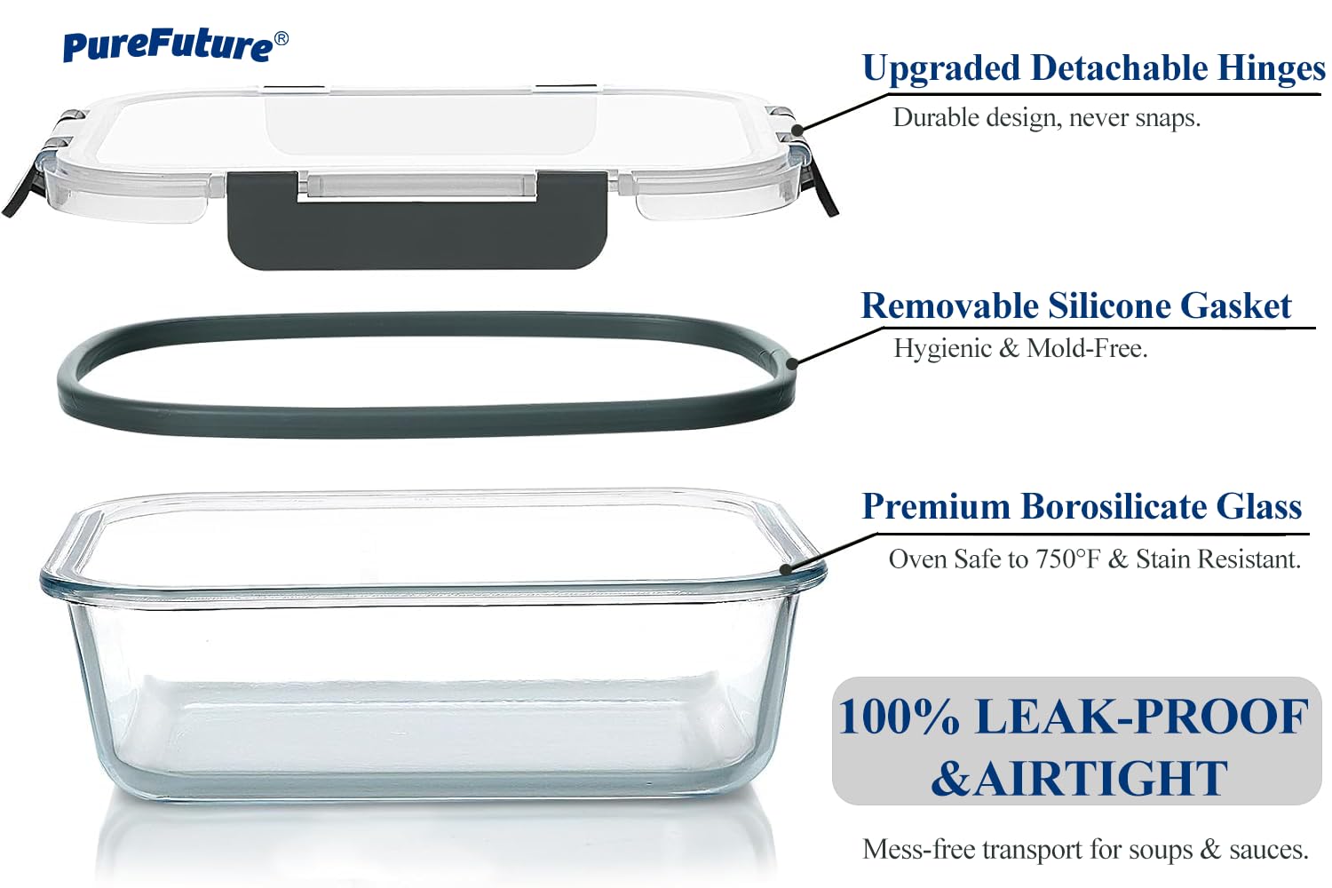Pure Future 10-Piece Set (5-Pack, 36oz) Borosilicate Glass Food Storage Containers with Upgraded Detachable Locking Lids - Leak Proof Meal Prep Lunch Boxes, Oven/Microwave Safe