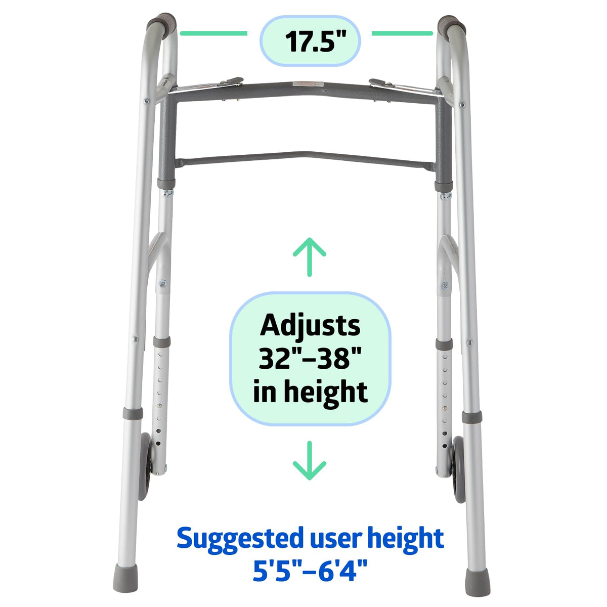 Medline Lightweight Folding Walker with 5" Wheels, Aluminum, 300lb