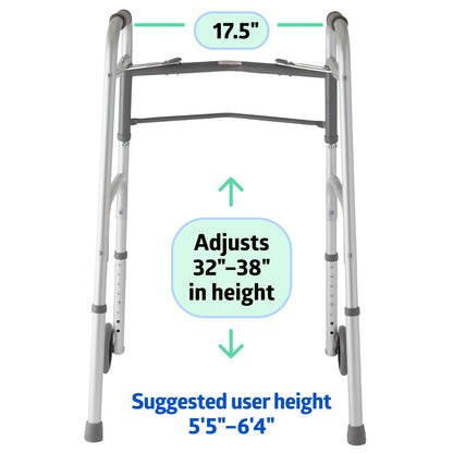 Medline Lightweight Folding Walker with 5" Wheels, Aluminum, 300lb