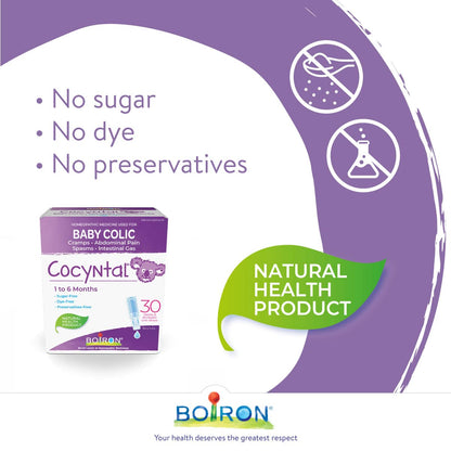 Boiron Cocyntal 60 drinkable unit-doses (Twin Pack) used for infant colic: abdominal pain, cramps, spasms and intestinal gas. Age: 1 to 6 months. Day and Night use. Boiron