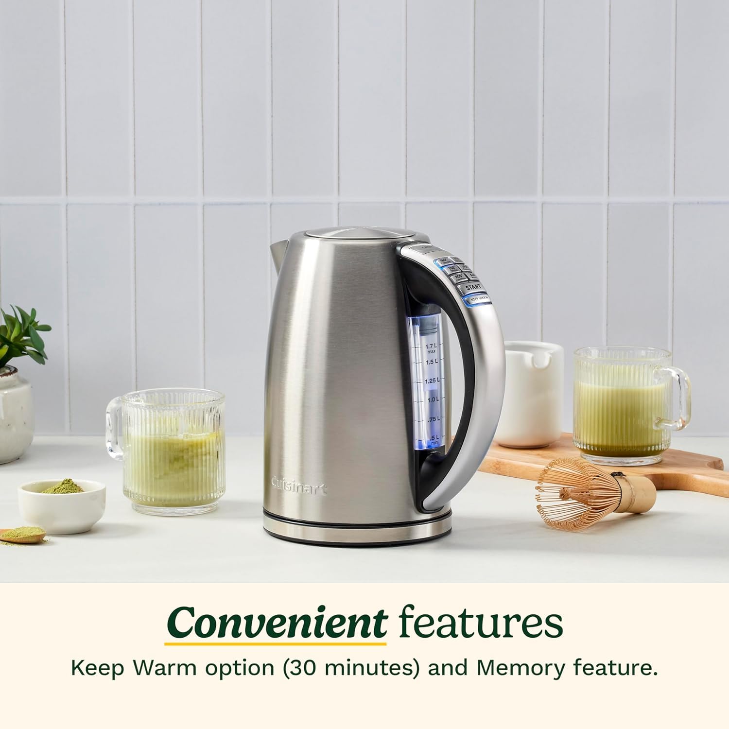 Cuisinart PerfecTemp 1.7L Cordless Electric Tea Kettle, 1500W Fast Heat-Up, 6 Preset Temperatures, 30-Min Keep Warm, Stay-Cool Nonslip Handle, Brushed Stainless Steel (CPK-17C) - Available at All In One Marketplace Canada