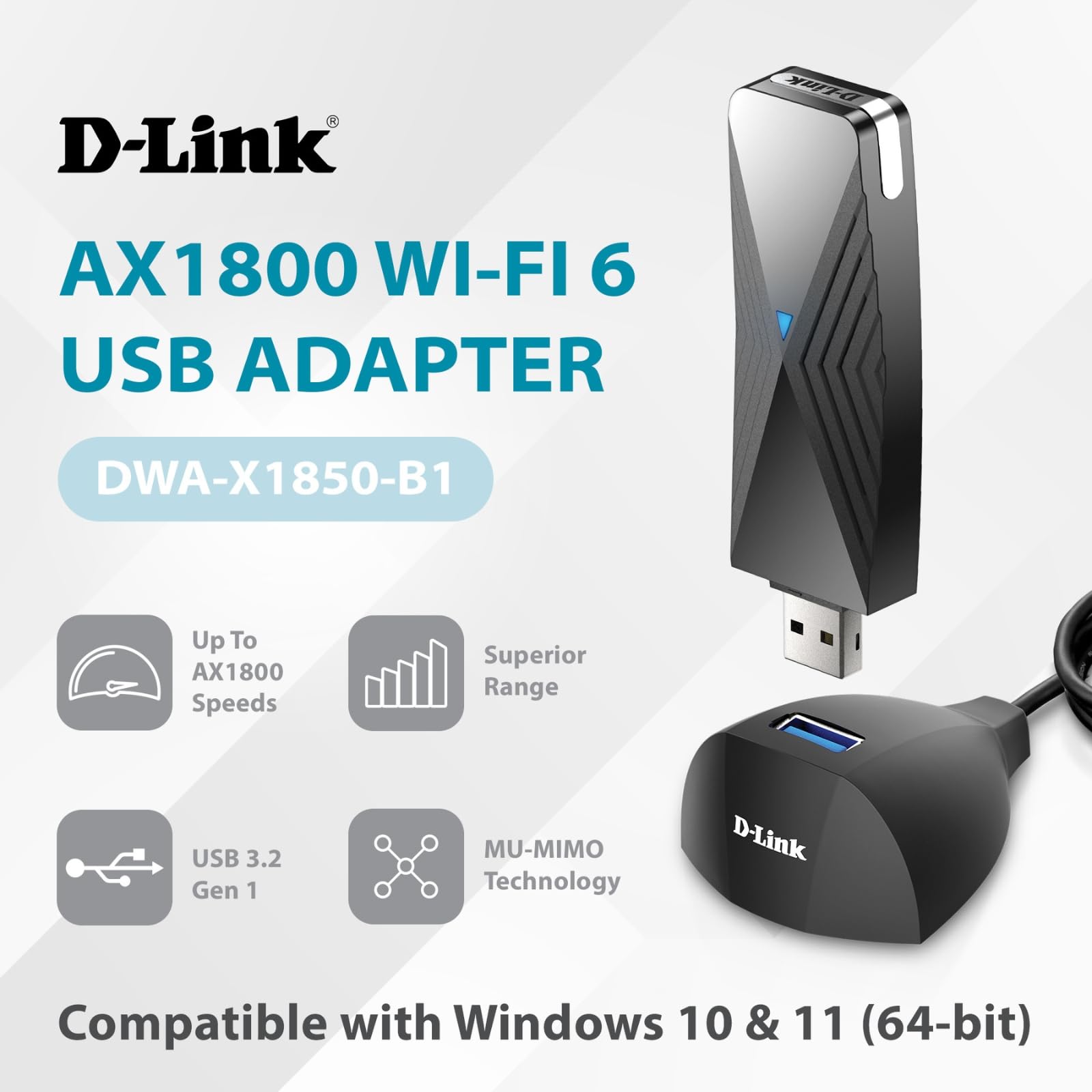 D-Link USB WiFi 6 Adapter AX1800 USB 3.0 Dual Band Long Range MU-MIMO Wireless Internet Network for Desktop PC Laptop Windows (DWA-X1850-B1-CA) D-Link
