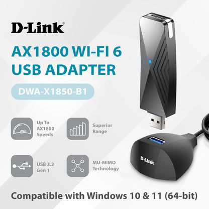 D-Link USB WiFi 6 Adapter AX1800 USB 3.0 Dual Band Long Range MU-MIMO Wireless Internet Network for Desktop PC Laptop Windows (DWA-X1850-B1-CA) D-Link