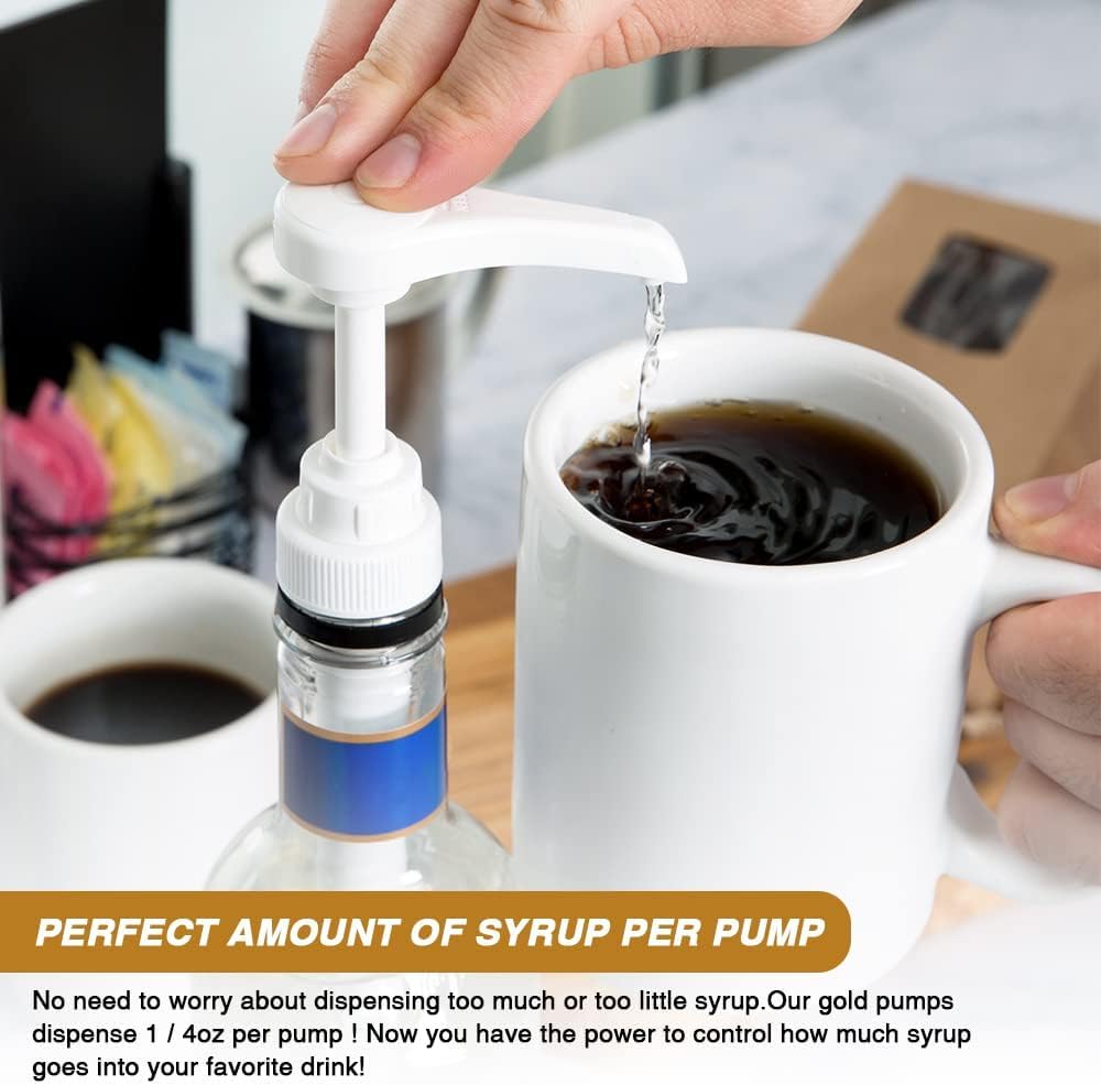 8 Pack Gold Coffee Syrup Pump Dispenser, Compatible with 25.4 Oz/750ml Bottles, Great for Home & Coffee Bar Drinking Mixes, Tea, Beverage, Cocktails, Plus Spoons - Available at All In One Marketplace Canada