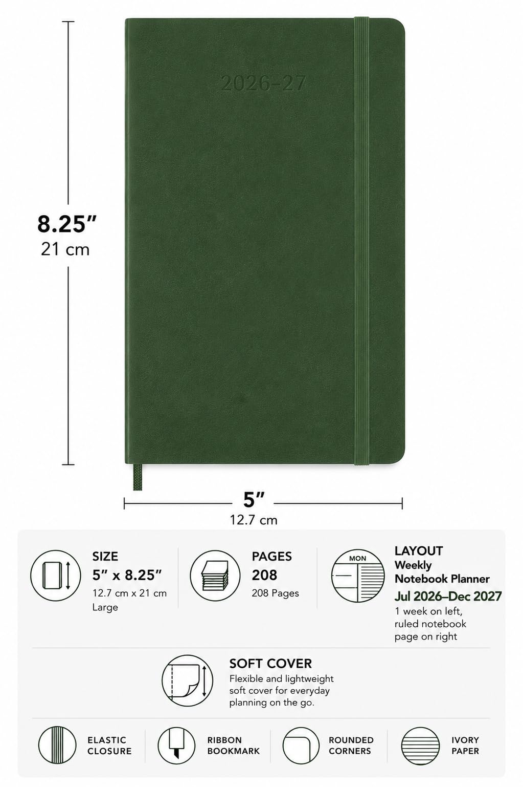Moleskine Classic 18 Month 2026-2027 Weekly Planner, Soft Cover, Large (5" x 8.25"), Myrtle Green, 208 pages
