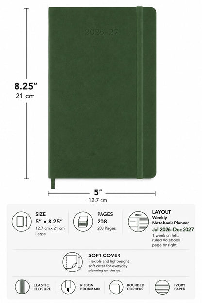 Moleskine Classic 18 Month 2026-2027 Weekly Planner, Soft Cover, Large (5" x 8.25"), Myrtle Green, 208 pages