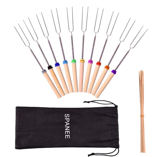 Marshmallow Roasting Sticks, Roasting Sticks with Wooden Handle 32 Inch Extendable BBQ Forks Telescoping Sticks Telescopic Stainless Steel Skewers for Grilling,Campfire (10)