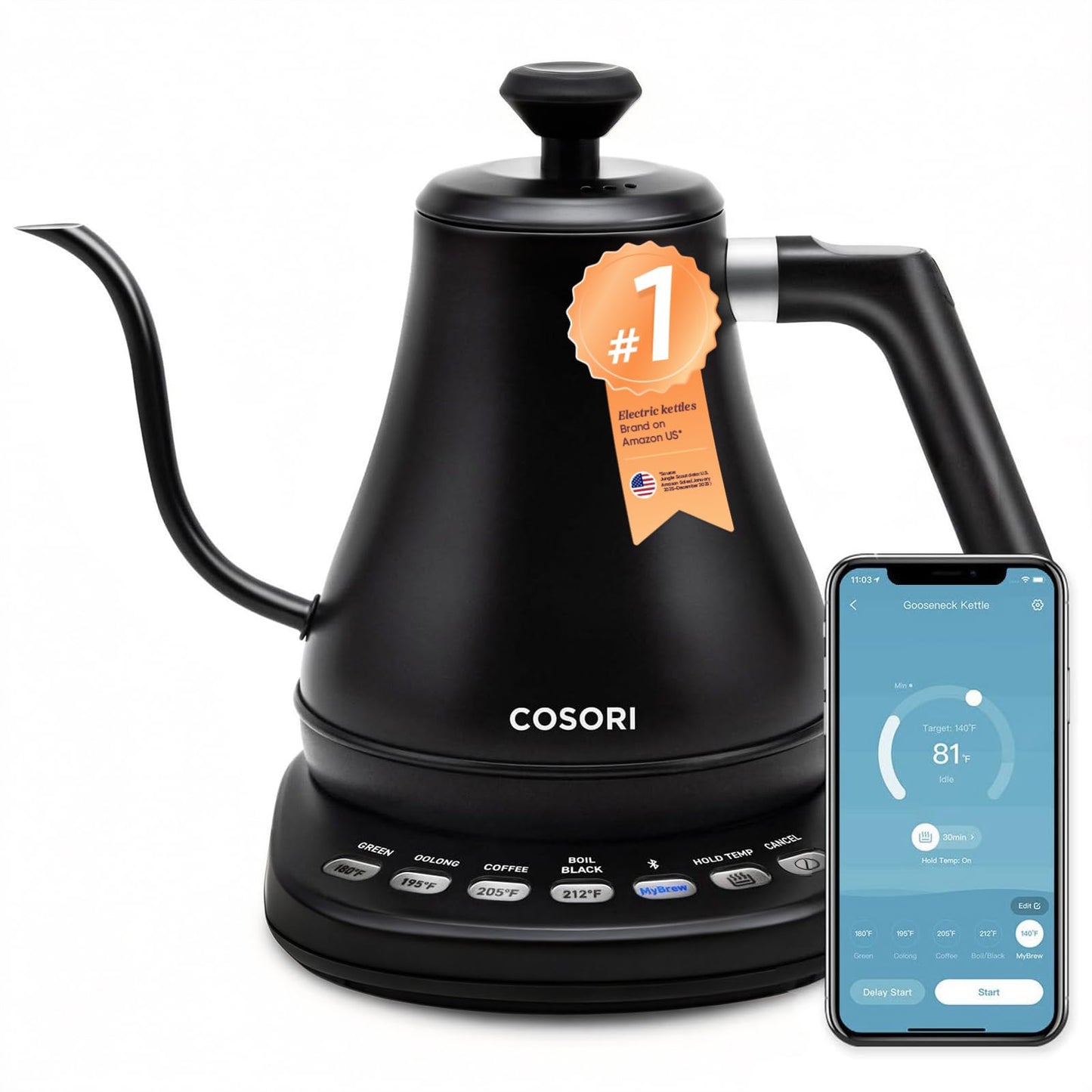 Cosori Smart Gooseneck Kettle, 4 Temp Presets, 0.8L Pour Over Coffee Kettle