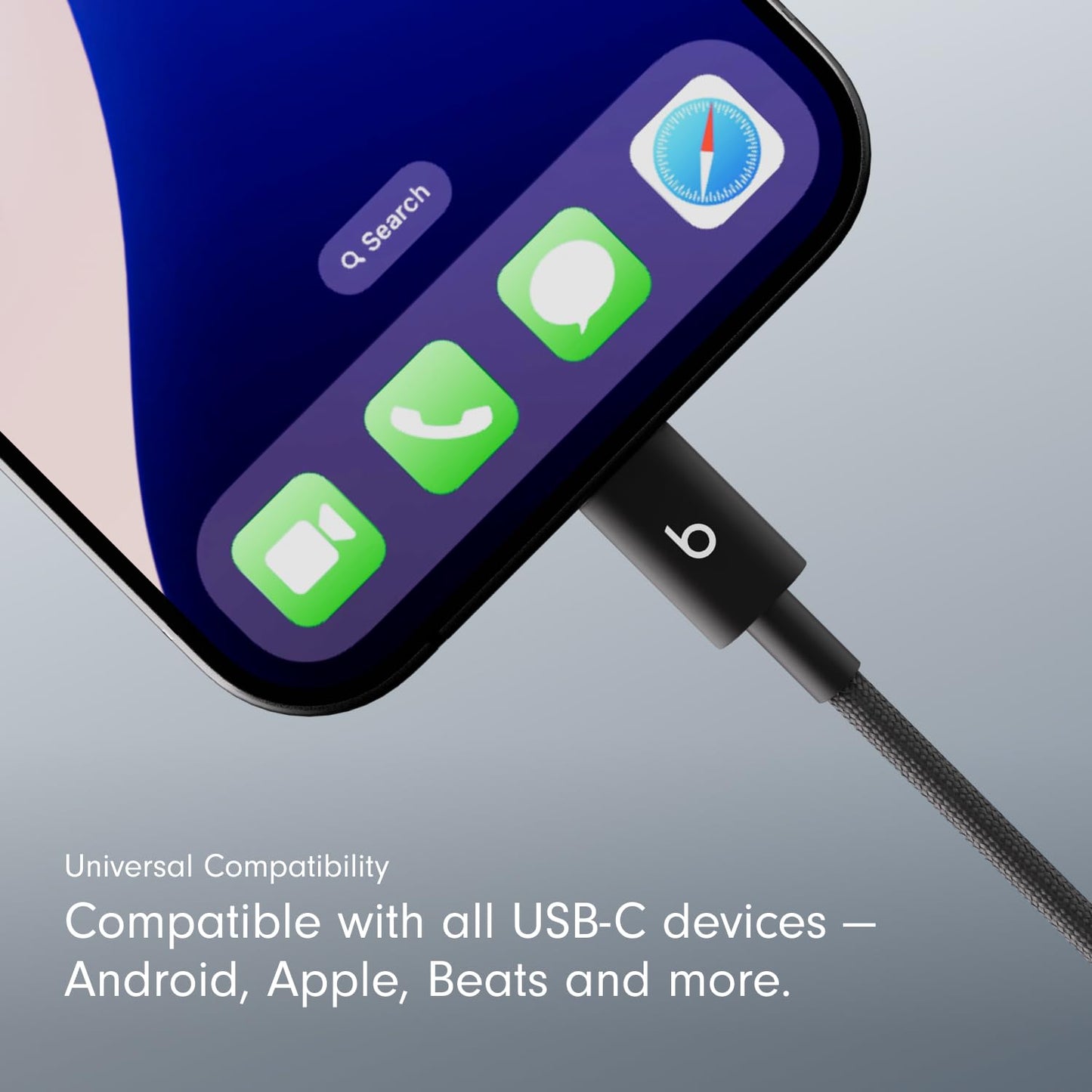 Beats USB-C to USB-C Woven Cable Fast Charging Durable/Tangle-Free Compatible Charger for Apple & Android Devices (1.5 m) - Bolt Black