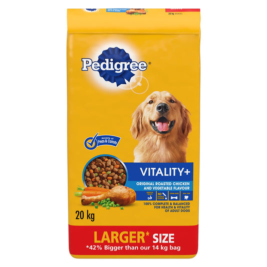 PEDIGREE Vitality+ Dry Food for Adult Dogs, Roasted Chicken & Vegetable Flavour, 100% Complete and Balanced Nutrition, 20kg Bag - Available at All In One Marketplace Canada