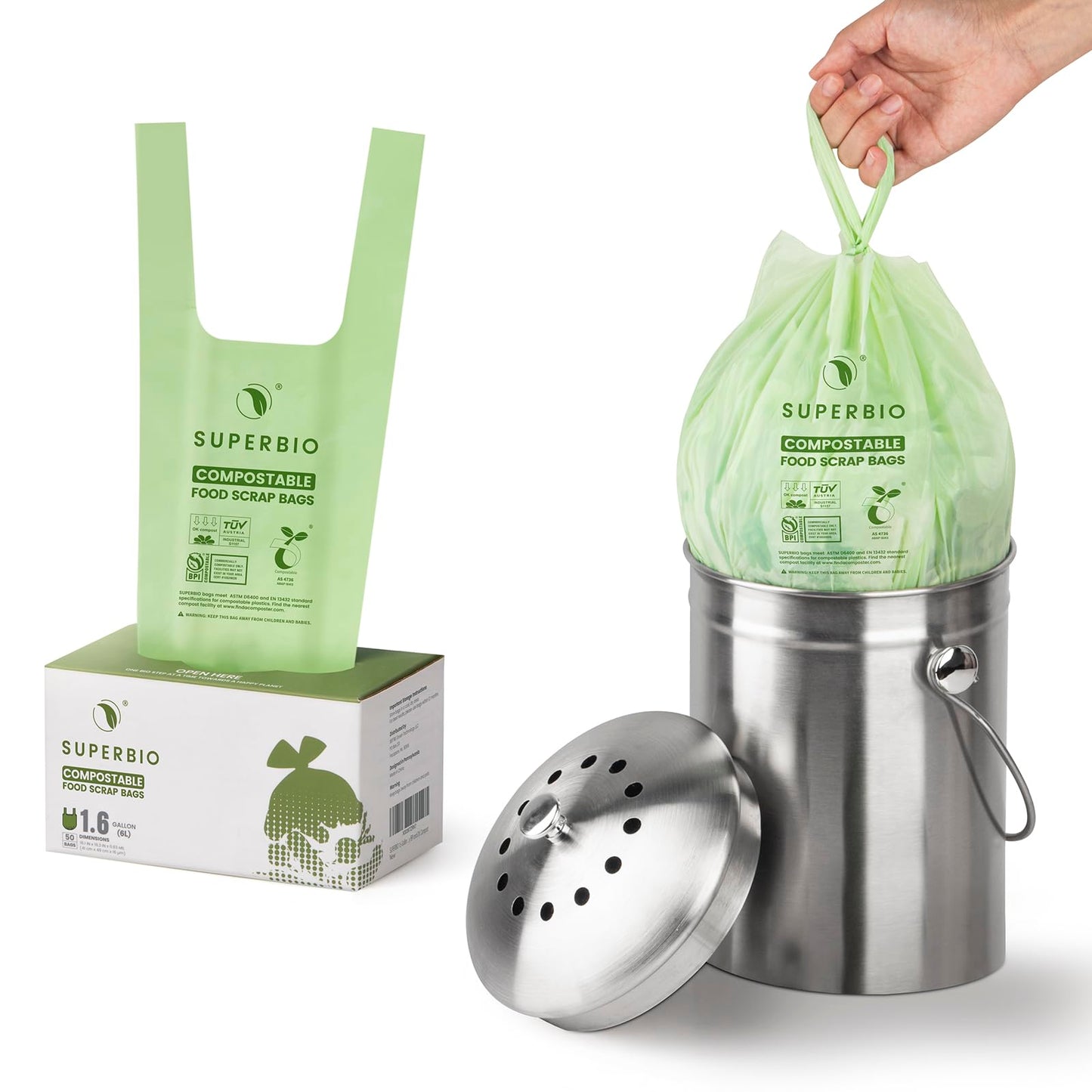 SUPERBIO Compostable Food Scrap Bags, 6L, Small Compost Bags for Counter Top Compost Bin, 50 Count, BPI & OK compost INDUSTRIAL Certified - Available at All In One Marketplace Canada