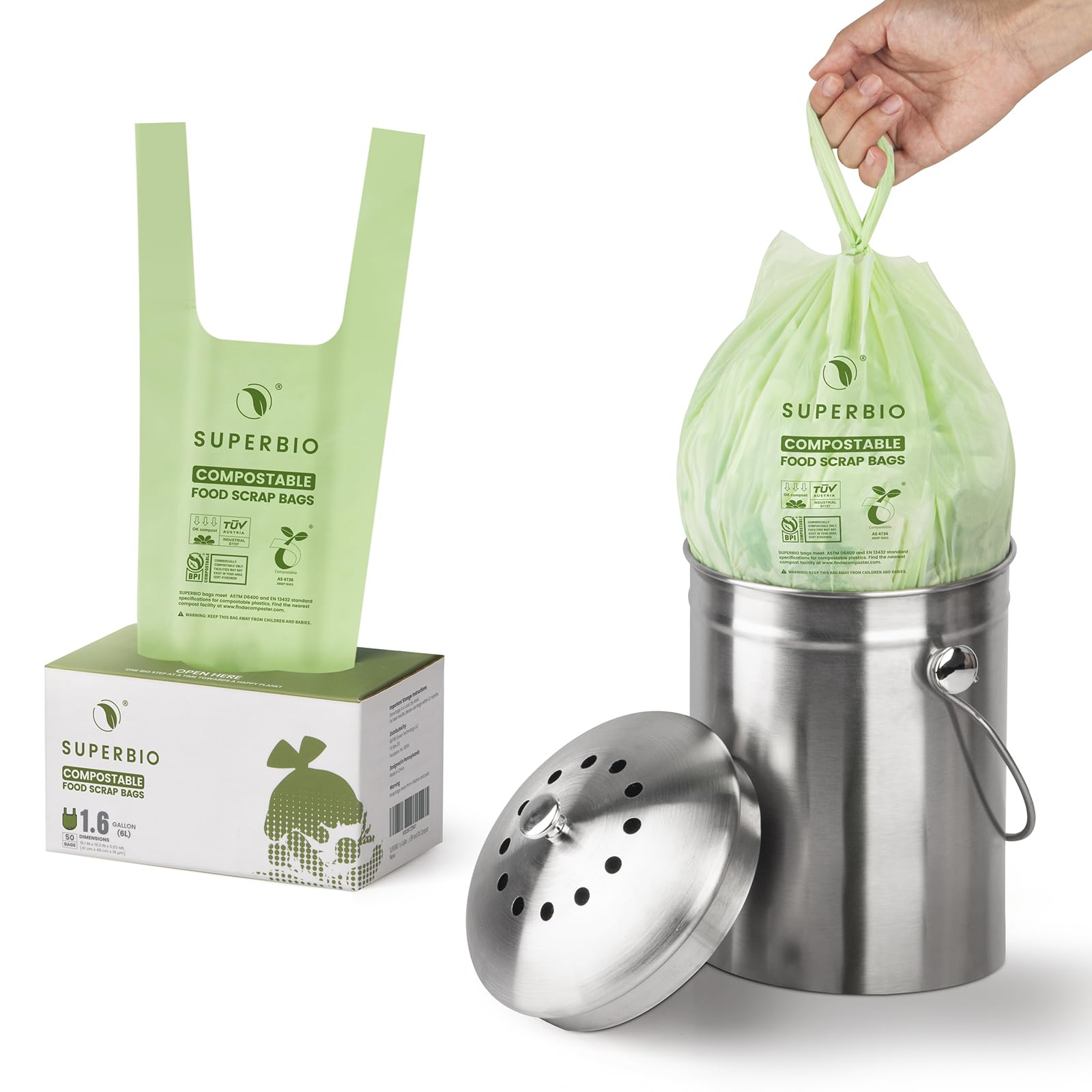SUPERBIO Compostable Food Scrap Bags, 6L, Small Compost Bags for Counter Top Compost Bin, 50 Count, BPI & OK compost INDUSTRIAL Certified - Available at All In One Marketplace Canada