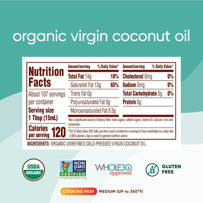 Nutiva Organic Cold-Pressed Virgin Coconut Oil, 1.6 L | Organic, Non-GMO, Fair Trade | Vegan, Keto, Paleo | Fresh Coconut Flavor and Aroma for Cooking & Healthy Skin and Hair