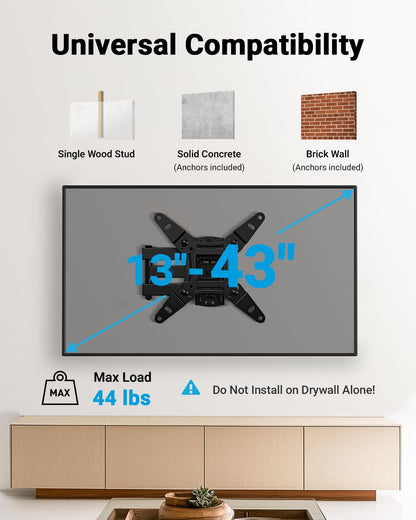 Pipishell Full Motion TV Wall Mount for 13-43 Inch LED LCD Flat Curved Screen TVs & Monitors, Max VESA 200x200mm up to 44lbs, Swivel TV Mount Wall Bracket with Rotation Swivel Tilt Extension, PISF1