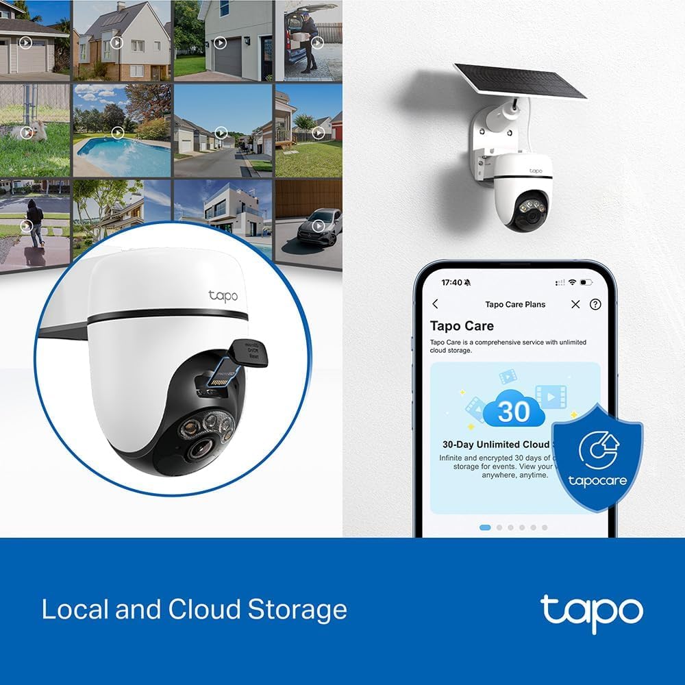 Tapo Solar-Powered Pan/Tilt Outdoor Security Camera Kit, Wireless, 2K 3MP, 360° AI Tracking, No Monthly Fee, Person Detection, Color Night Vision, SD/Cloud Storage 512GB, Works w/Alexa & Google Home