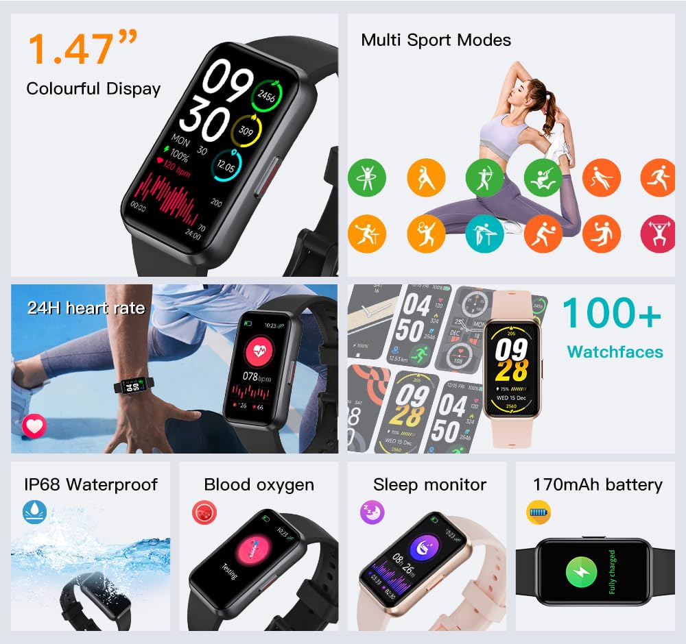 USMECBL Fitness Tracker, Blood Oxygen Heart Rate Sleep 24/7 Health Monitor/Calorie Steps Counter Pedometer Activity Smart watchs/Notifications for Android/iOS Men Women - Available at All In One Marketplace Canada