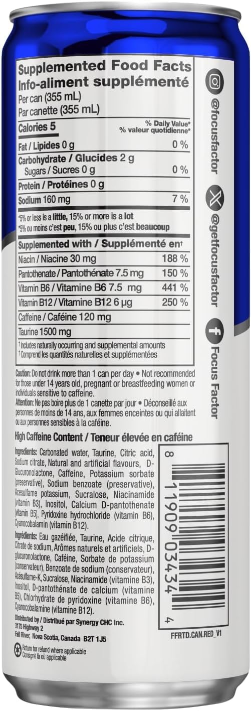 Focus Factor Energy Drink - Fruit Punch - 12 Pack (355ml Cans) | Sugar-Free, B-Vitamin Enhanced