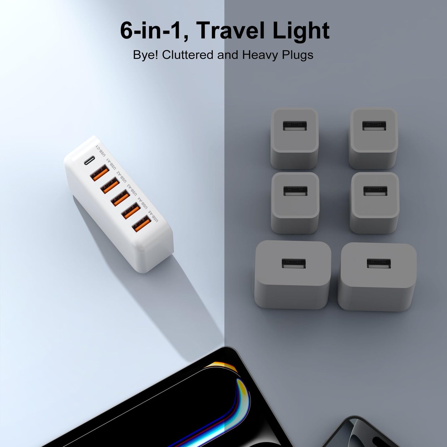 USB Charging Station for Multiple Devices, 60W 6-Port USB C Charger Fast Charging Block Hub, Multi USB Charger Station Power Strip Adapter for iPhone 17 16 15 14 13 12 Pro Max Tablets Smartphones
