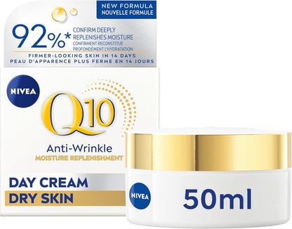 NIVEA Q10 Power Anti-Wrinkle Moisture Replenishment Day Face Cream, Anti Wrinkle Firming Cream, Q10 and Argan Oil, Face Moisturizer for Dry to Very Dry Skin, Visibly Reduces the Look of Wrinkles, 50mL NIVEA