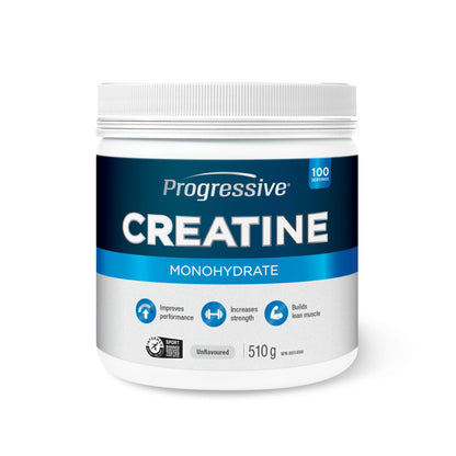 Progressive Creatine Monohydrate, Informed Sport Certified, Proudly Canadian Made, Improves Performance, Increases Strength, Builds Lean Muscle, Easy to dissolve, Gluten Free, No artificial flavours, Colours or Preservatives. 510 g - 100 Servings, Unflavo