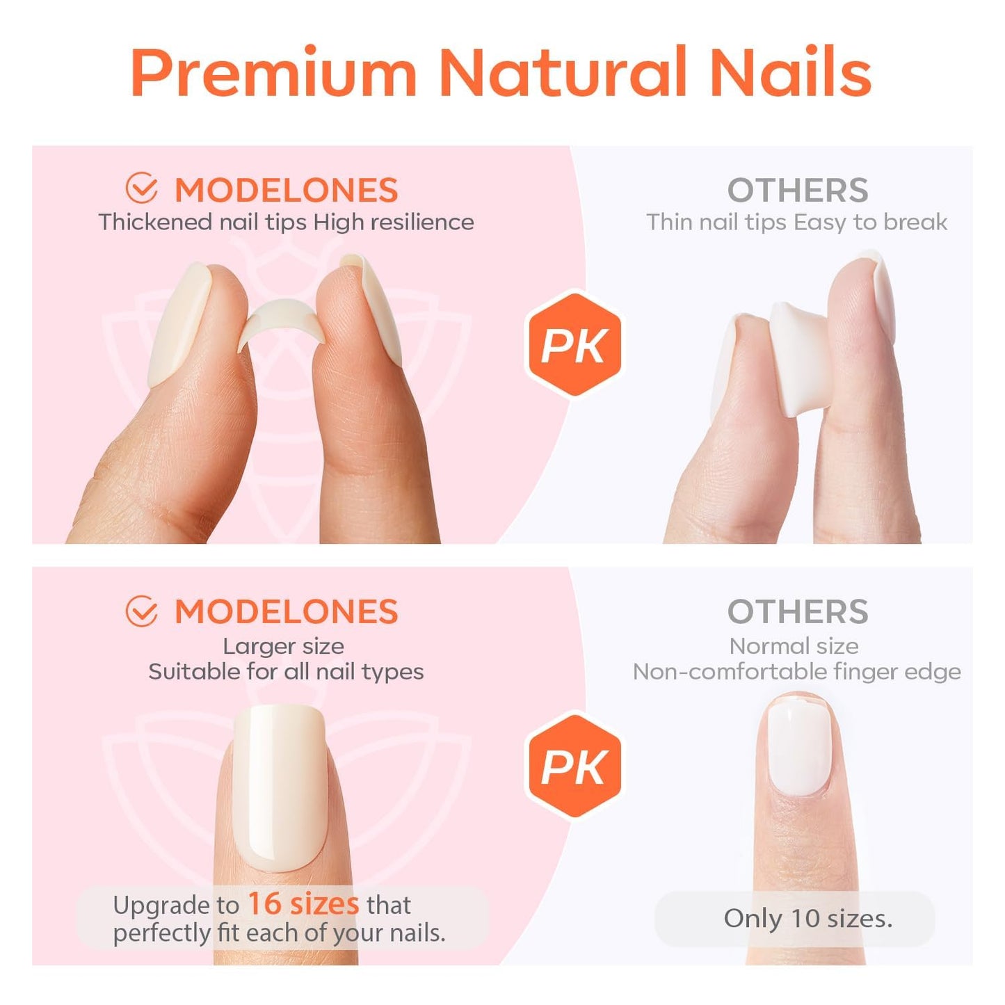 Modelones French Tip Press On Nails, Short Oval Fake Nails Press Ons with Nail Glue, Adhesive Tabs, Nail File, Prep Pad, Manicure Stick, 32Pcs 16 Sizes, Nude, Valentines