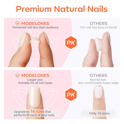Modelones French Tip Press On Nails, Short Oval Fake Nails Press Ons with Nail Glue, Adhesive Tabs, Nail File, Prep Pad, Manicure Stick, 32Pcs 16 Sizes, Nude, Valentines
