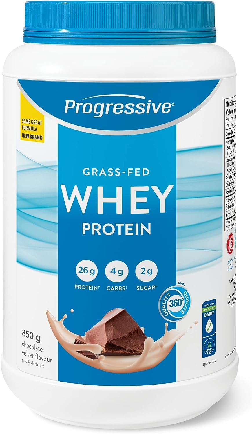 Progressive Grass-Fed 100% Whey Protein Powder Chocolate, 26g of New Zealand Whey Concentrate per Scoop for Muscle Gain, Pasture-Raised, Non-GMO, Canadian-Made Antibiotic-free, Hormone-free, 850 g Progressive