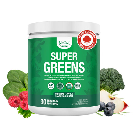 Nested Naturals Super Greens Powder - Organic Daily Greens Superfood Powder w/ 20+ Whole Foods, Spirulina, Wheat Grass & Barley Grass - Probiotics, Fiber & Enzymes - USDA Certified Organic, Original Flavour, 30 Servings - Available at All In One Marketplace Canada