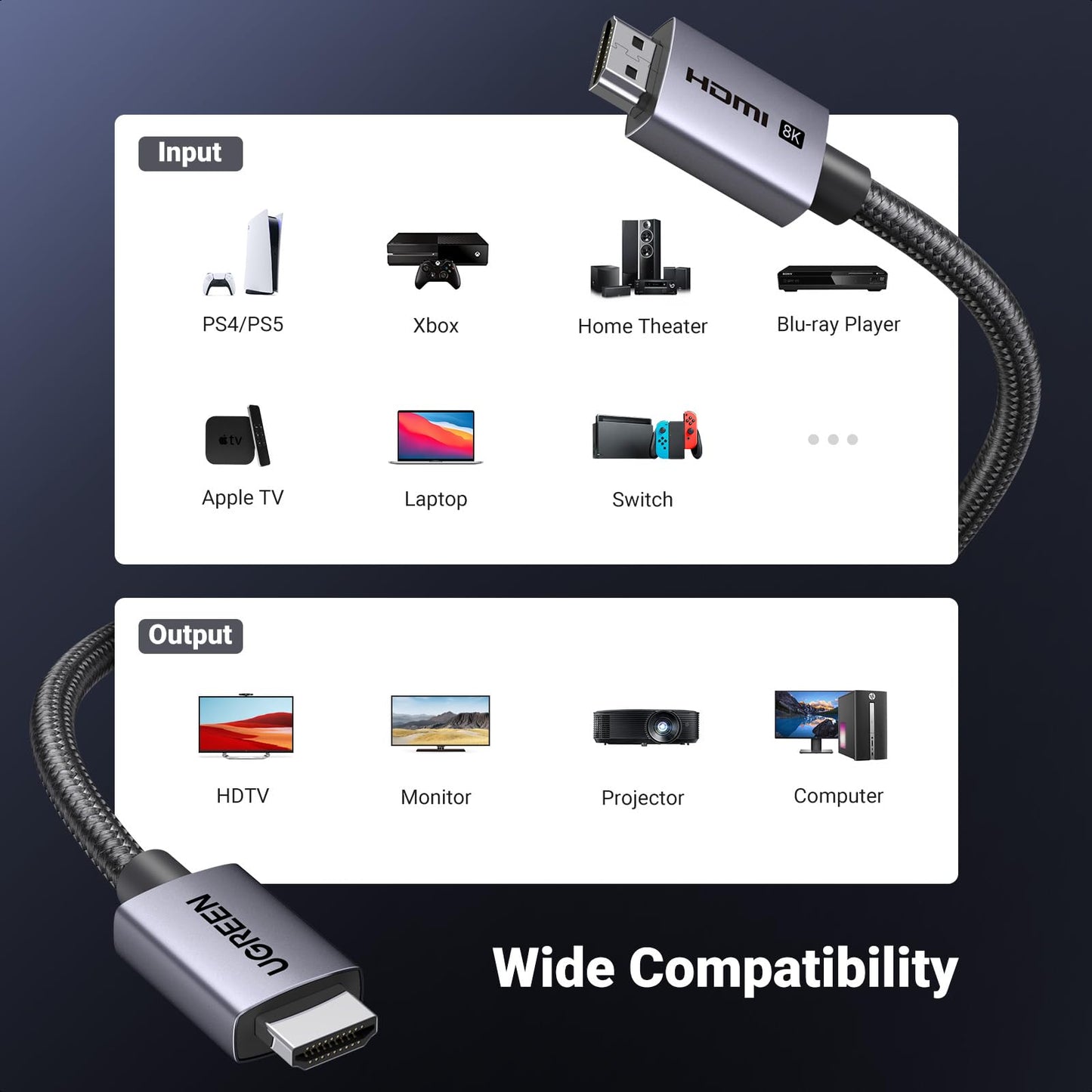 UGREEN 10K 8K HDMI 2.1 Cable 48Gbps 10FT, Certified 8K@60Hz 4K@120Hz 144Hz High Speed Gaming Cable Braided Cord, eARC HDCP 2.3 Dynamic HDR Compatible for HDTV/PS5/Xbox/SoundBar/RTX3090/Blu-ray