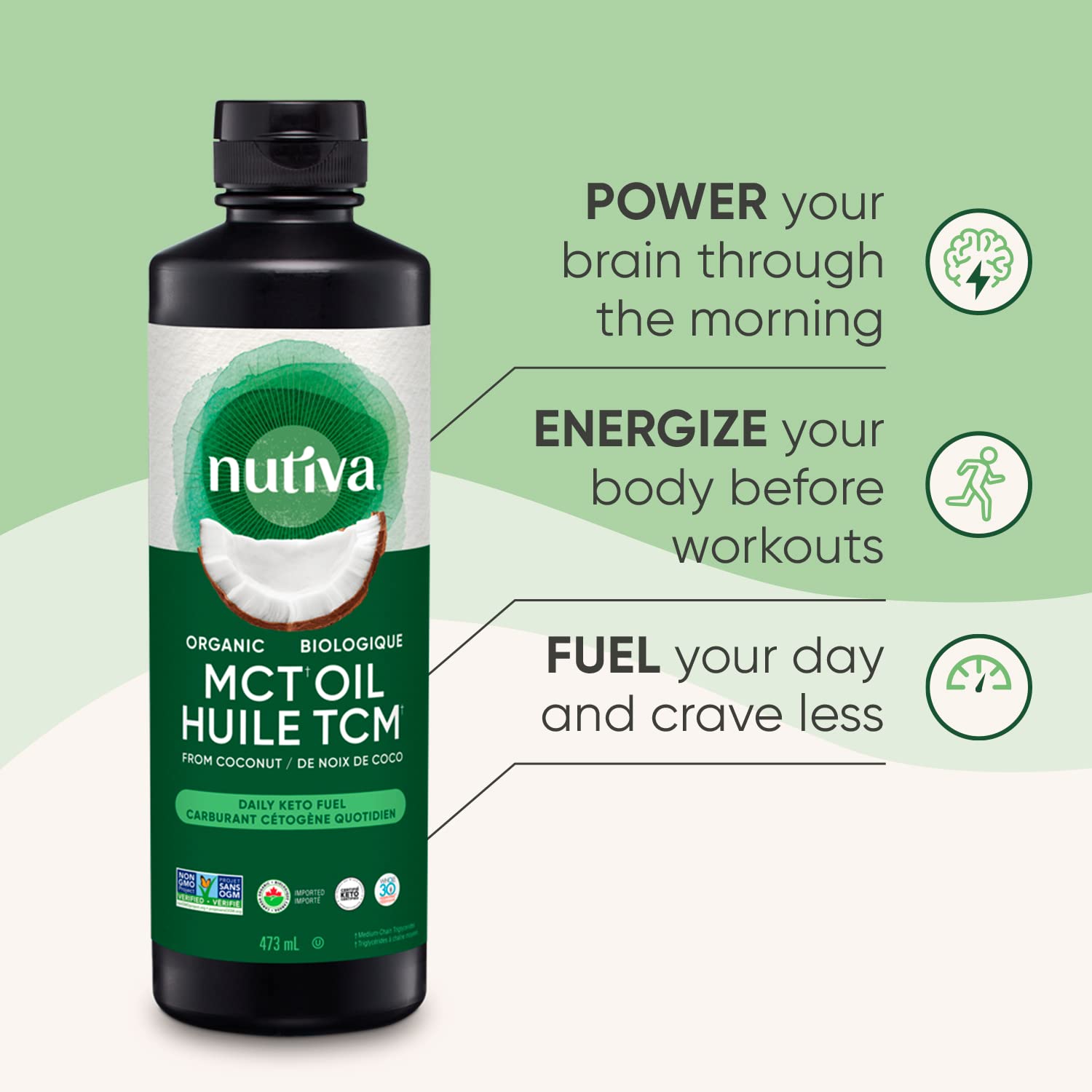 Nutiva Organic MCT Oil, Unflavored, 473 mL | Organic, Non-GMO, Non-BPA | Vegan, Gluten-Free, Keto & Paleo | 14g MCT per Serving & Neutral Flavor for Energy Boost to Coffee, Shakes and Salads - Available at All In One Marketplace Canada