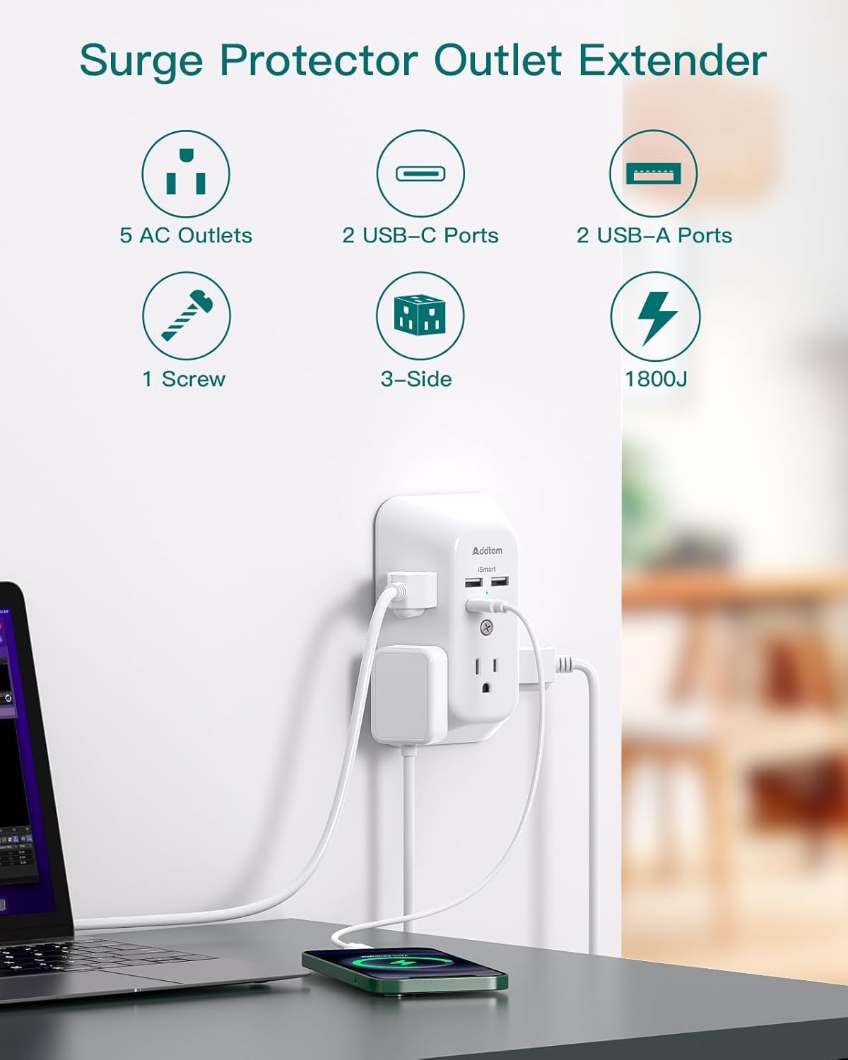 2 Pack USB Wall Charger Surge Protector, Multi Plug Outlet with 5 Outlet Extender and 4 USB Charging Ports (2 USB C Outlet) 3 Sided 1800J Power Bar for Home Travel Office - Available at All In One Marketplace Canada