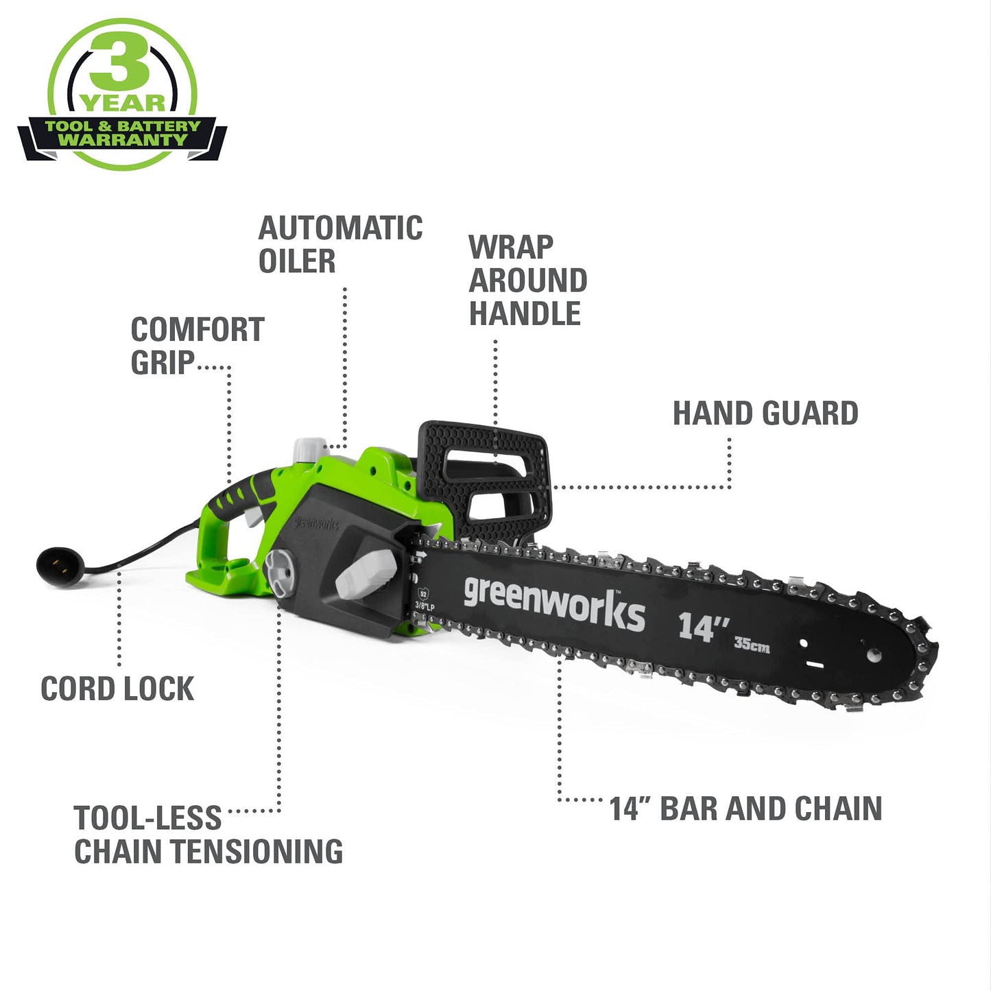 Greenworks 9 Amp 14-Inch Corded Chainsaw with Tool-less Chain Tensioning & Auto Oiling, Electric Handheld Chainsaw for Garden Yard Maintenance Tree Felling Triming, Firewood Cutting Logging Pruning Greenworks