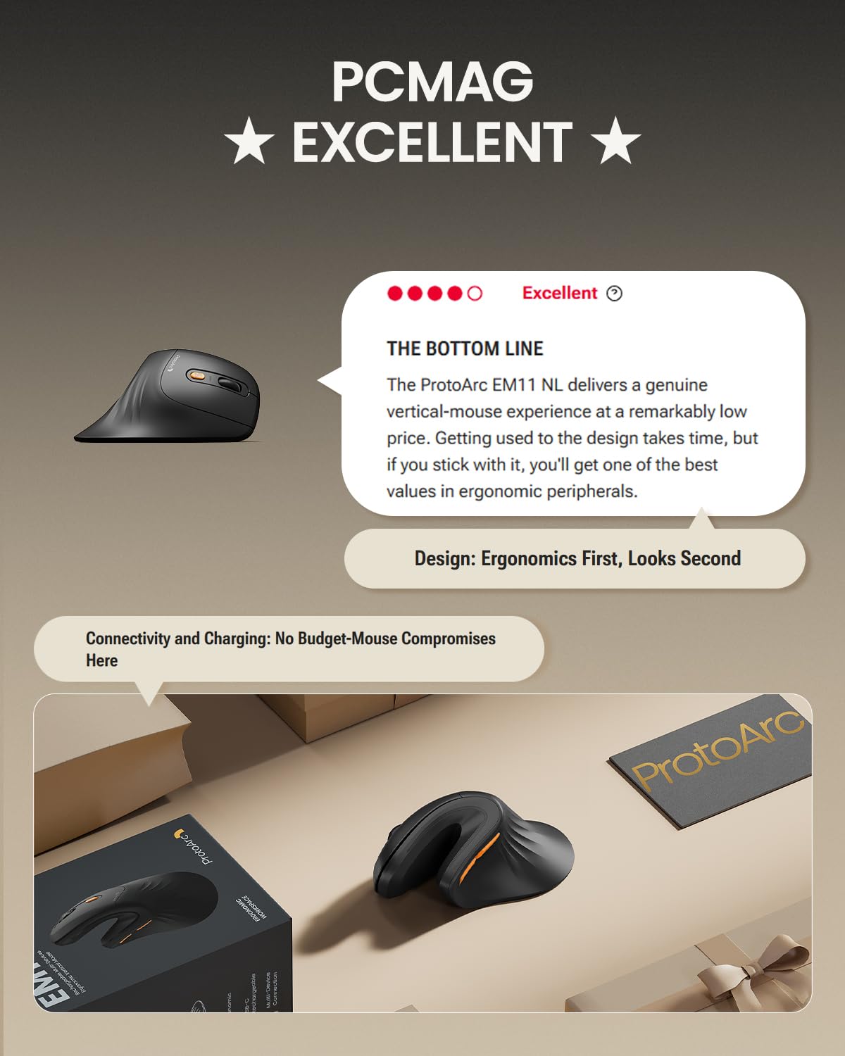ProtoArc Ergonomic Vertical Mouse, EM11 NL Bluetooth Mouse Wireless Rechargeable Mice with 3 Devices (Bluetooth or USB), Vertical Wireless Mouse for Computer, iPad, Mac, Windows (Black) - Available at All In One Marketplace Canada