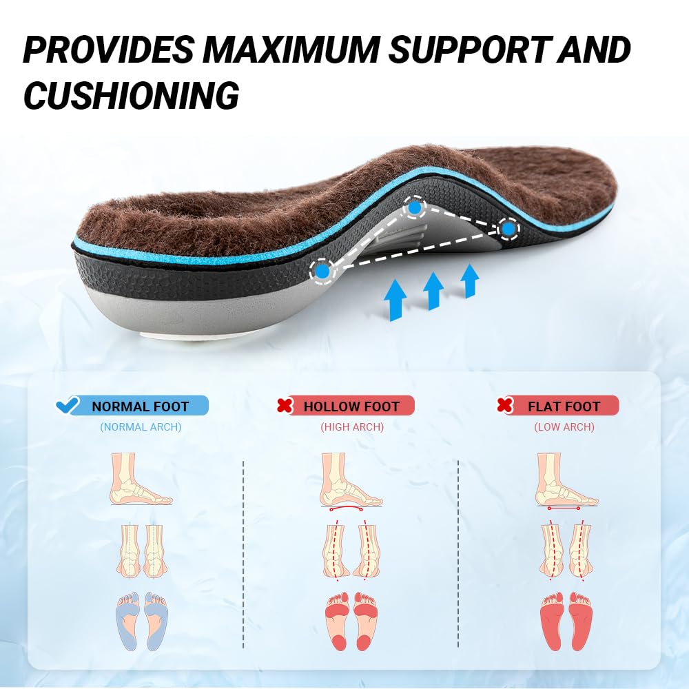 VALSOLE winter thermal wool insoles,Heavy Duty Support Pain Relief Orthotics Plantar Fasciitis High Arch Support Insoles,for Men Women Work Boot Shoe Insole warm insoles (MEN 10-10 1/2 | WOMEN 12-12 1/2--(286mm), Brown) 🍁 All In One Marketplace Canada