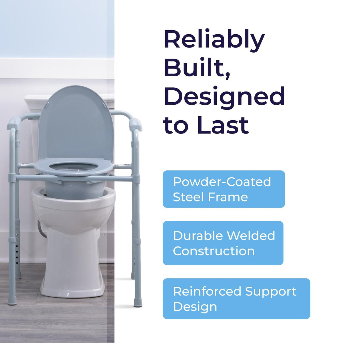 Drive Medical 11148-1 Folding Steel Bedside Commode Chair, Portable Toilet, Supports Bariatric Individuals up to 350 lbs, with 7.5 qt Bucket and 13.5 inch Seat, Grey