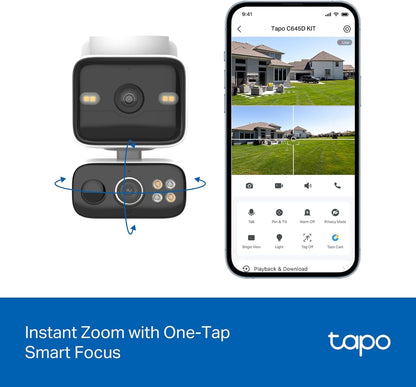Tapo 2K Dual Lens 360° Pan/Tilt Security Battery Camera Wireless w/Solar Panel, 165° Wide View + 6mm Telephoto, Free Person/Vehicle Detection, SD/Cloud Storage, Works w/Alexa & Google (Tapo C645D KIT)
