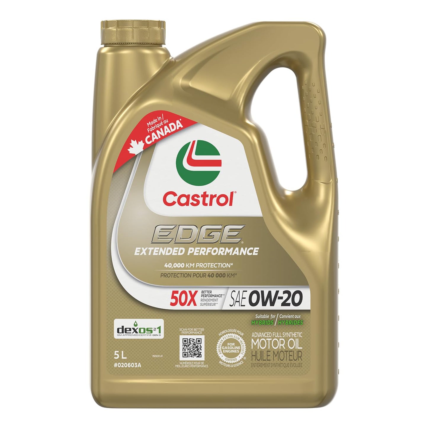 Castrol Edge Extended Performance 0W-20 Advanced Full Synthetic Motor Oil, 5 Litres - Made in Canada Castrol
