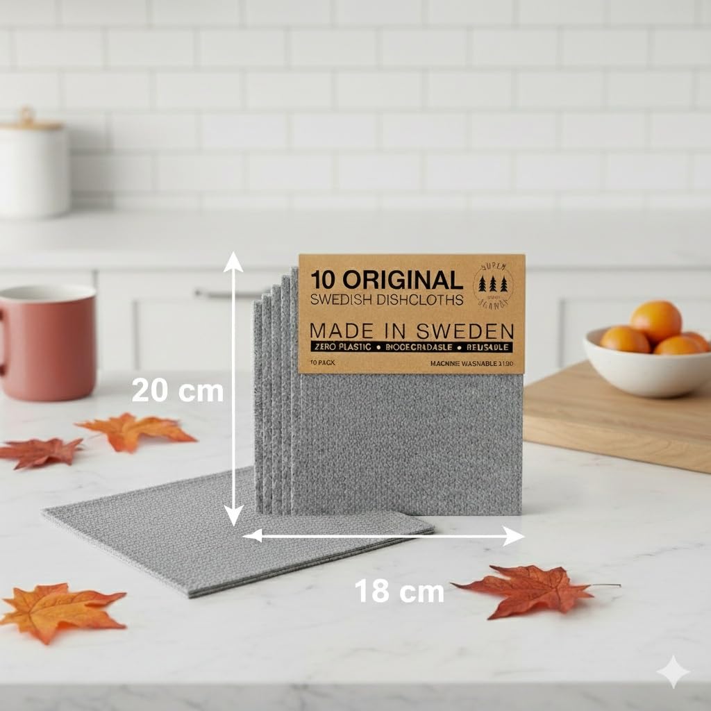 SUPERSCANDI 10 Pack Swedish Dish Cloths for Kitchen - 100% Biodegradable & Compostable | Washable Kitchen Cloths, Food-Safe & Without Plastic - Reusable Paper Towel for Any Surface | Grey - Available at All In One Marketplace Canada